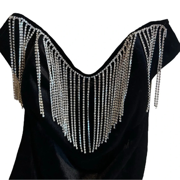 Velvet Strapless Bodysuit with Rhinestone Fringe Vegas Western Cowgirl Plus Size - Picture 6 of 12